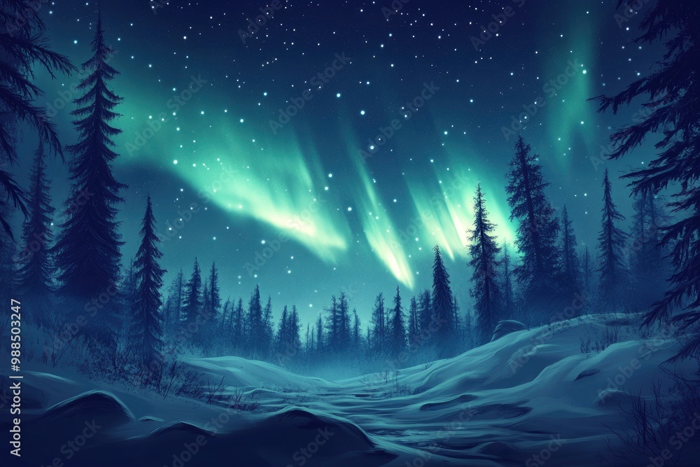 Aurora borealis. Northern lights in winter forest. Sky with polar lights and stars. Night winter landscape with aurora and pine tree forest. with generative ai Aurora borealis. Northern lights in winter forest. Sky with polar lights and stars. Night winter landscape with aurora and pine tree forest. with generative ai