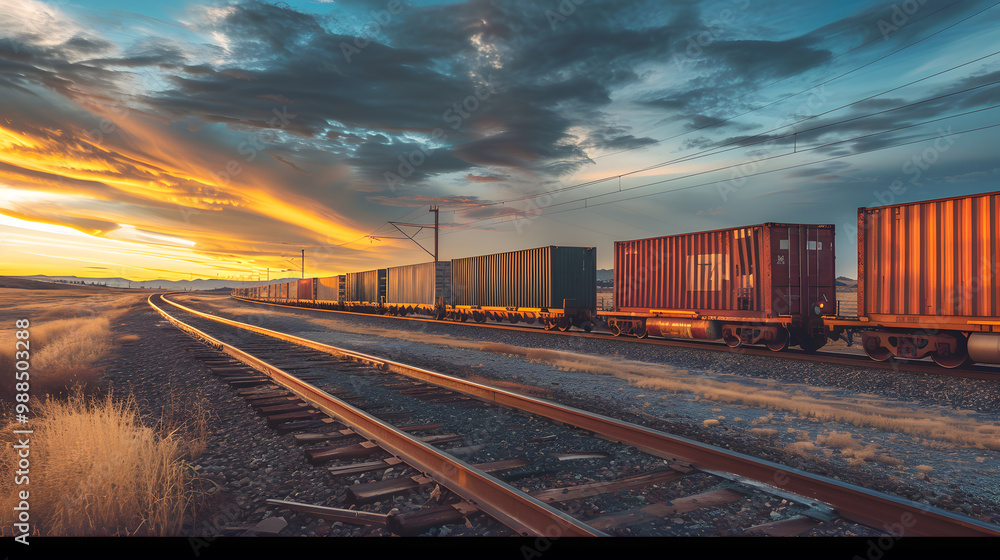 Fototapeta premium A freight train on a railway track transports containers and tanks with fuel. AI Generated