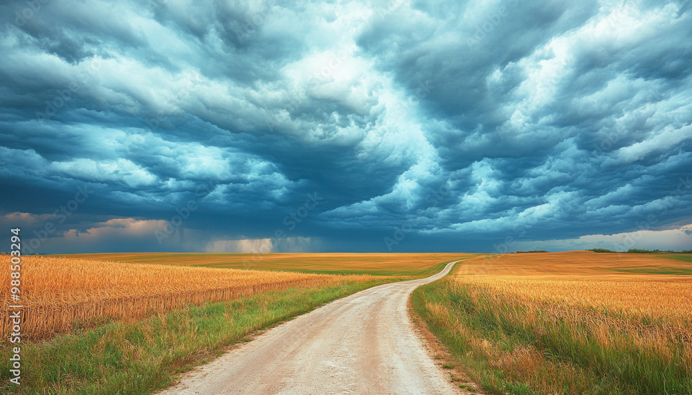 Gravel road leading towards approaching storm clouds over wheat field Gravel road leading towards approaching storm clouds over wheat field