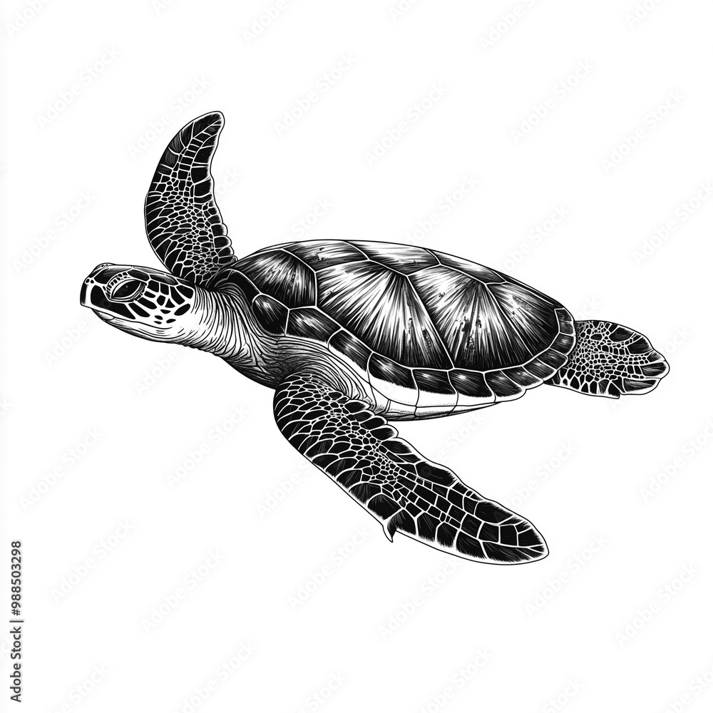 Obraz premium Black and White Illustration of a Sea Turtle Swimming Gracefully. Generative AI