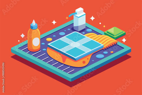 A colorful sanitizing mat is depicted along with cleaning supplies designed for effective sanitization and hygiene.