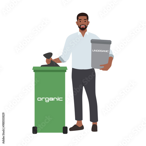Young man sorting garbage. Guy stand near bins sort trash and plastic in containers. Flat vector illustration isolated on white background