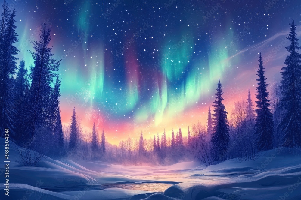 Aurora borealis. Northern lights in winter forest. Sky with polar lights and stars. Night winter landscape with aurora and pine tree forest. with generative ai