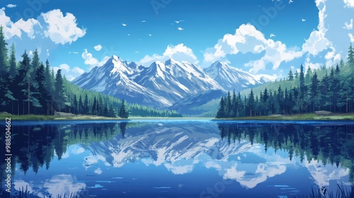 A serene landscape featuring majestic mountains reflecting on a tranquil lake, surrounded by lush green forests and a clear blue sky adorned with fluffy clouds. photo