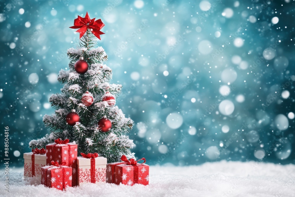 Beautiful Christmas tree with gift boxes on snow against blurred background. Space for text with generative ai Beautiful Christmas tree with gift boxes on snow against blurred background. Space for text with generative ai