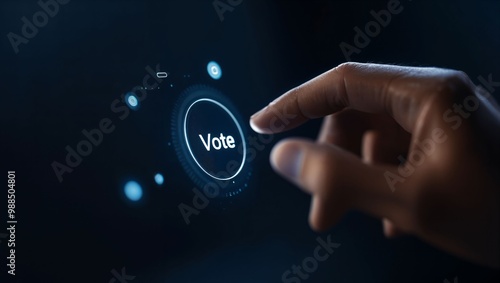 A hand poised to press the 'Vote' button on a sleek touchscreen presents a moment of engagement, reflecting the critical act of voting in modern democracy's digital age.