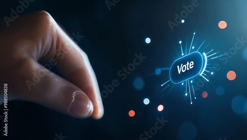 A close-up of a hand reaching towards a glowing 'Vote' button, symbolizing engagement in democracy and modern electoral processes in a digital environment.