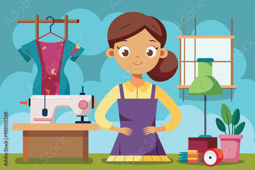 A cheerful seamstress stands confidently by her sewing machine, surrounded by colorful fabrics and crafting supplies in a vibrant workspace.