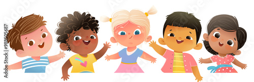 Children multiracial group waving and greeting, happy school children. Multicultural kids in line illustration for school or kindergarten design. Kids character cartoon vector isolated border clipart.