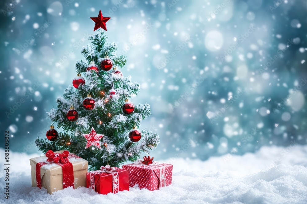 Beautiful Christmas tree with gift boxes on snow against blurred background. Space for text with generative ai Beautiful Christmas tree with gift boxes on snow against blurred background. Space for text with generative ai