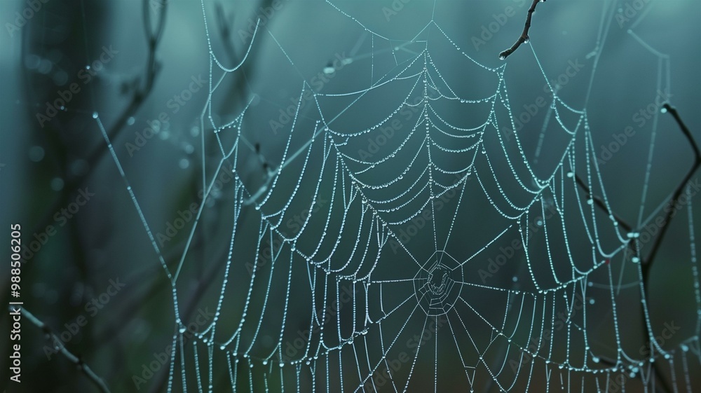 Close-up of spider webs adorned with morning dew in soft natural light Close-up of spider webs adorned with morning dew in soft natural light