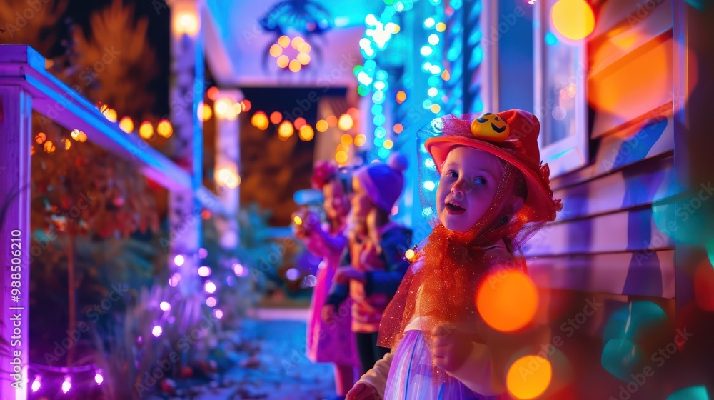 Joyful children celebrating Halloween in colorful lights Joyful children celebrating Halloween in colorful lights