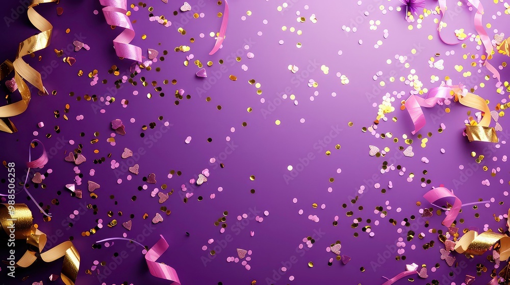 A purple background with scattered gold and pink confetti and ribbons, creating a celebratory atmosphere. A purple background with scattered gold and pink confetti and ribbons, creating a celebratory atmosphere.