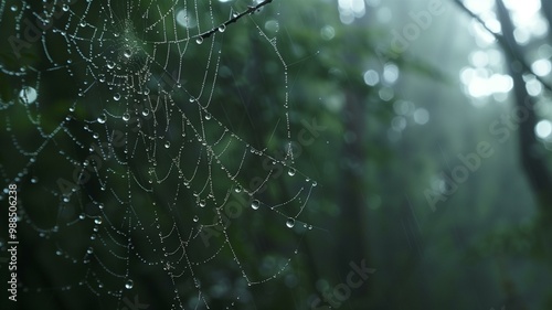 Close-up of spider webs adorned with morning dew in soft natural light photo