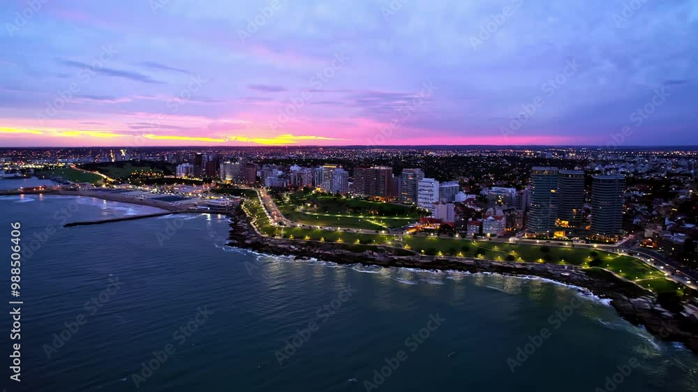 Rising Panoramic Aerial over Mar Del Plata City Waterfront at Vibrant Sunset Rising Panoramic Aerial over Mar Del Plata City Waterfront at Vibrant Sunset