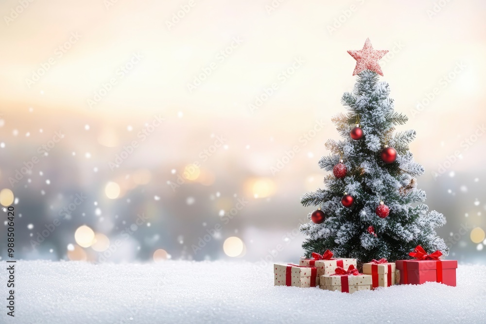 Obraz premium Beautiful Christmas tree with gift boxes on snow against blurred background. Space for text with generative ai