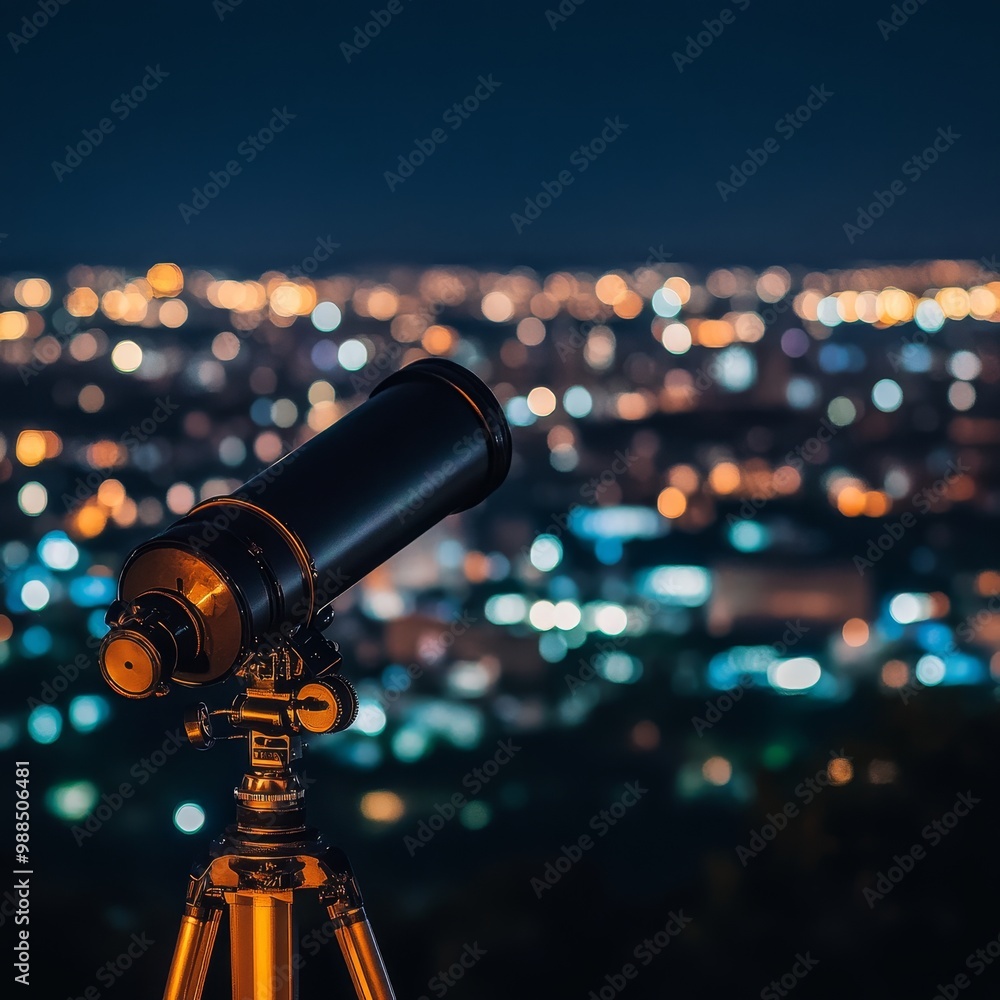 Telescope and city at night, bokeh background. Telescope and city at night, bokeh background.