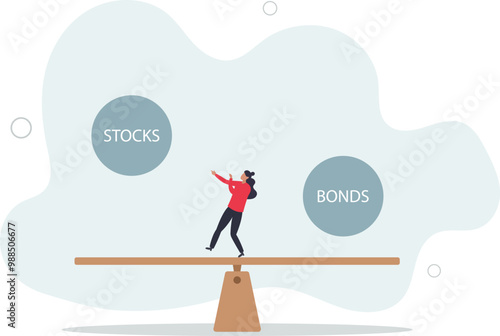 Stocks vs bonds in investment asset allocation, risk assessment portfolio or expected return in long term mutual funds,flat design with people.