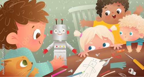 Multiracial group of children engineering robot in the room at the table. Kids art and craft activity, learning studying and playing with robot. Vector design illustration for school or kindergarten.