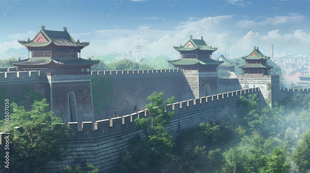 Naklejka premium beautiful anime background of The great wall of china, huge and long