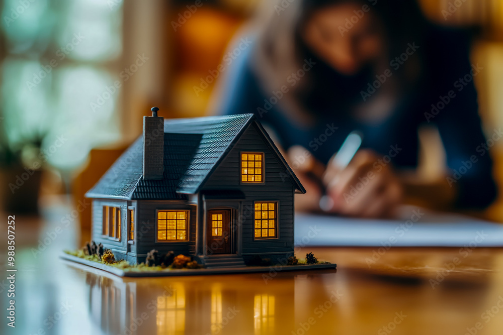 A miniature house model on a desk in an office, with a blurred real estate agent writing nearby. A miniature house model on a desk in an office, with a blurred real estate agent writing nearby.