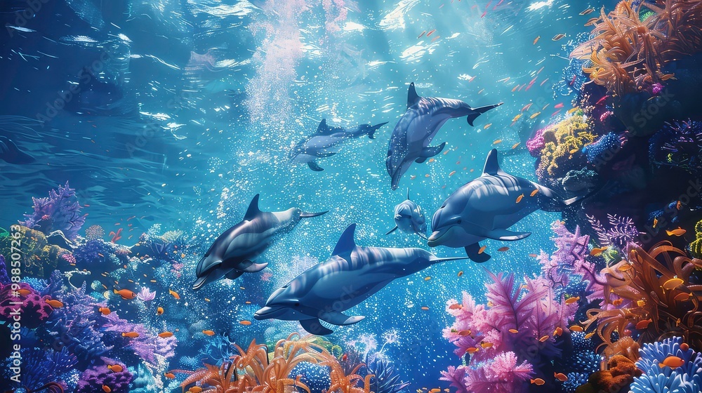 Fototapeta premium The image shows a group of dolphins swimming through a colorful coral reef.