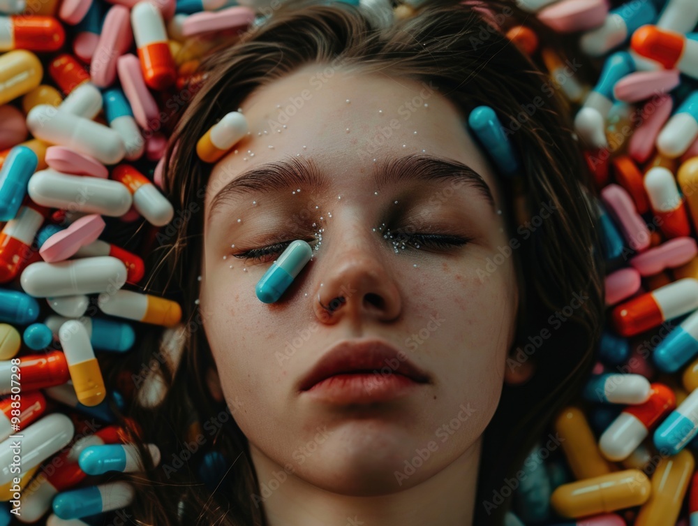 Obraz premium Woman with closed eyes, lying among pills symbolizing the pharmaceutical industry and its impacts on health.