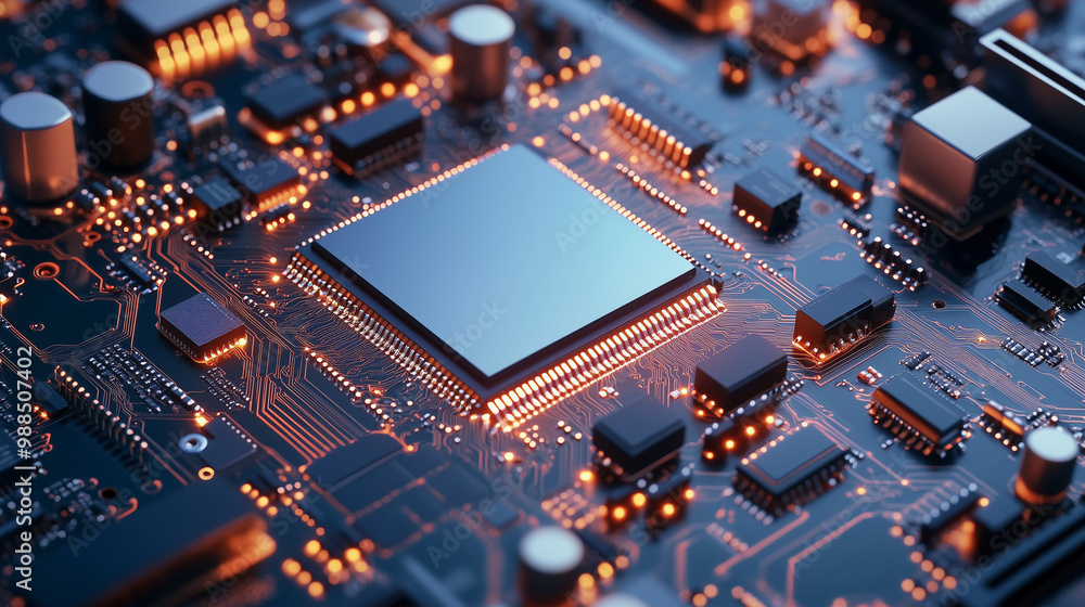 Przestrzenna wizualizacja układu elektronicznego, pokazująca szczegółowe połączenia i elementy na płycie głównej. Przestrzenna wizualizacja układu elektronicznego, pokazująca szczegółowe połączenia i elementy na płycie głównej.