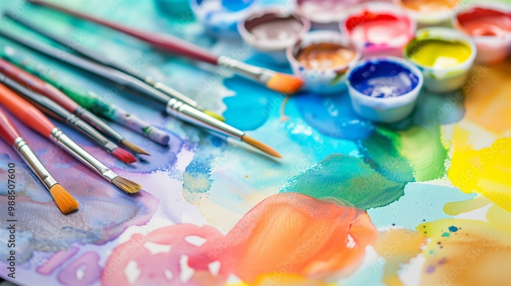 Vibrant close-up of watercolor paint set with brushes on an artist's palette Vibrant close-up of watercolor paint set with brushes on an artist's palette