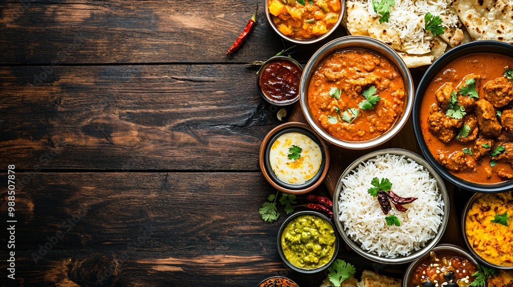 Indian food with rice, curry, and naan bread on a wooden table. Indian food with rice, curry, and naan bread on a wooden table.