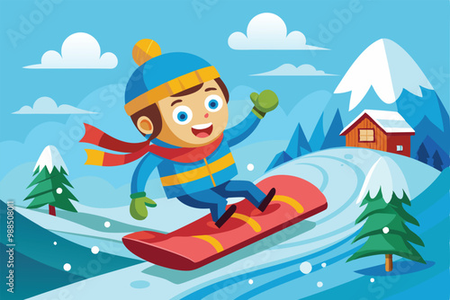 A cheerful child sleds down a wintery slope, surrounded by snow-covered mountains, festive trees, and a quaint cabin in the background.