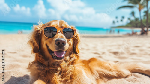 Uroczy złoty retriever wyleguje się na piaszczystej plaży otoczony błękitnym morzem i palmami. photo