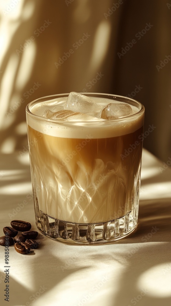 A glass of iced coffee with ice cubes and coffee beans on a white surface with sunlight casting shadows. A glass of iced coffee with ice cubes and coffee beans on a white surface with sunlight casting shadows.