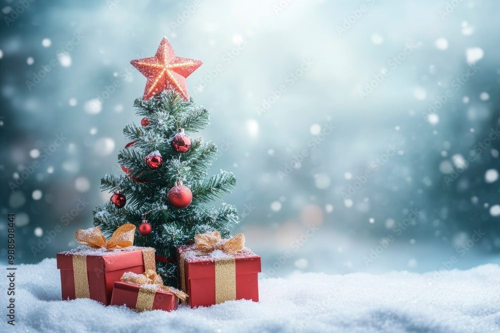 Beautiful Christmas tree with gift boxes on snow against blurred background. Space for text with generative ai Beautiful Christmas tree with gift boxes on snow against blurred background. Space for text with generative ai