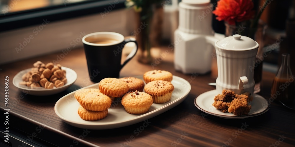 Collection of assorted pastries, biscuits and beverages on a wooden table. Includes coffee cup, tea cup, sugar and packaged sugar. Collection of assorted pastries, biscuits and beverages on a wooden table. Includes coffee cup, tea cup, sugar and packaged sugar.