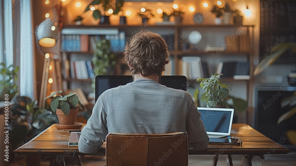Φωτογραφία Close up back view of male employer sit at desk using modern laptop and smartphone gadget, businessman consult client work on computer