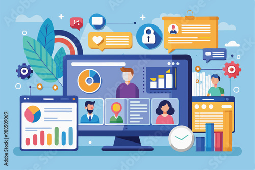 Wallpaper Mural A vibrant social dashboard displays user profiles, graphs, and conversation prompts designed for interaction and data analysis in a contemporary workspace. Torontodigital.ca