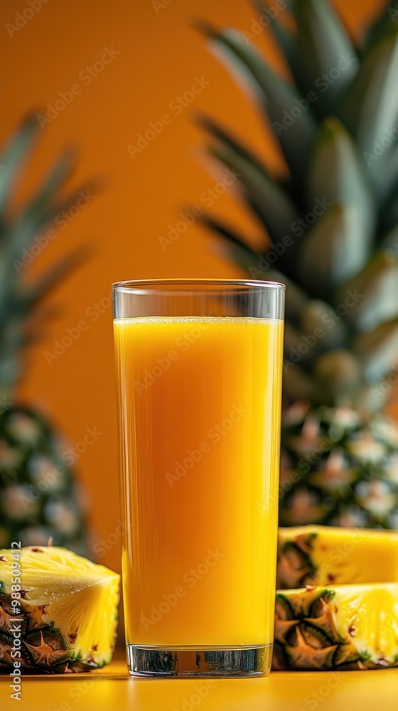 A glass of fresh pineapple juice with pineapple slices and a whole pineapple in the background on a yellow surface. A glass of fresh pineapple juice with pineapple slices and a whole pineapple in the background on a yellow surface.