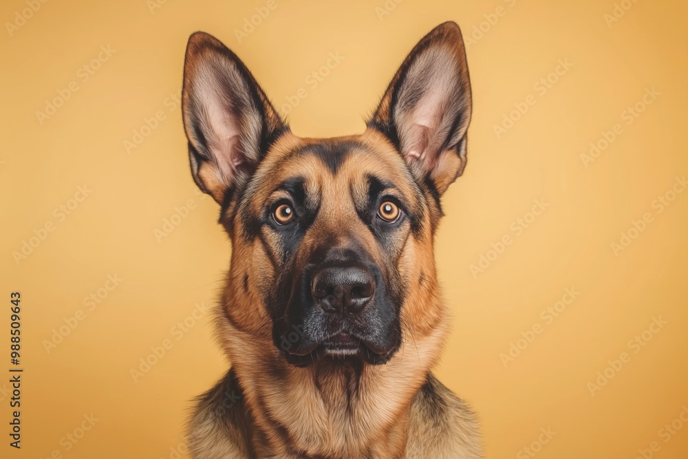 A close-up portrait photo of a cute Alsatian dog looking at the camera, isolated against a colourful background. A close-up portrait photo of a cute Alsatian dog looking at the camera, isolated against a colourful background.