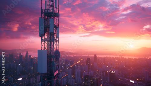 A 3d base station receiver on a telecommunication tower against a vibrant sunset over a cityscape, symbolizing connectivity and communication