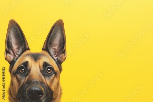 A close-up portrait photo of a cute Alsatian dog looking at the camera, isolated against a colourful background.