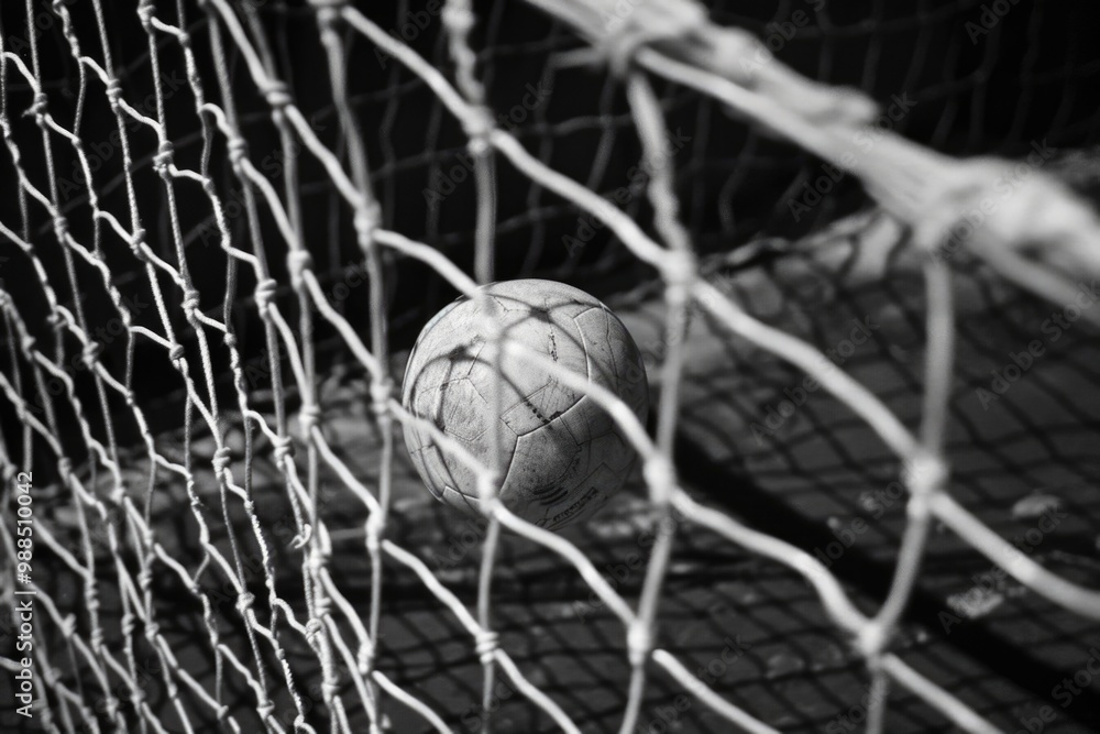 A white soccer ball resting against a net, possibly on a practice goal. A white soccer ball resting against a net, possibly on a practice goal.