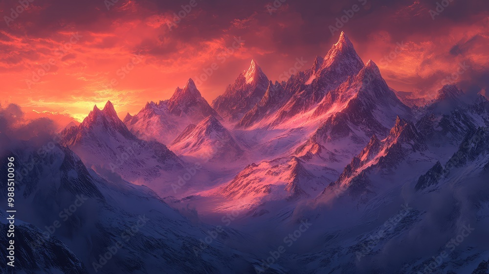 A dramatic, windswept mountain range at twilight, with jagged peaks glowing under the last light of the setting sun. A dramatic, windswept mountain range at twilight, with jagged peaks glowing under the last light of the setting sun.