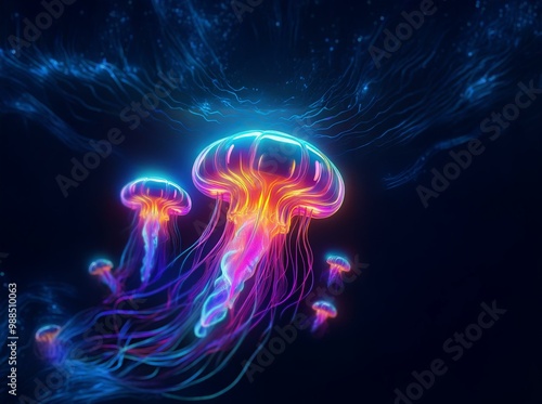 Glowing neon jellyfish swim in a dark blue ocean, their luminous bodies casting a vibrant light.