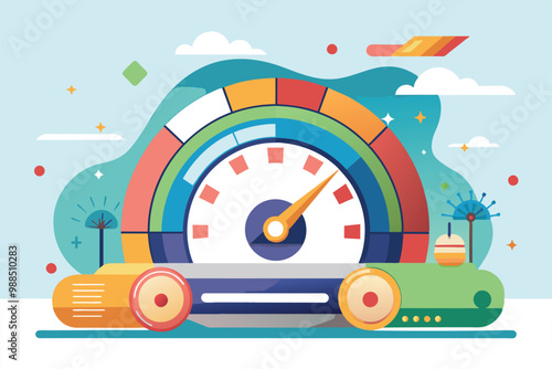 A colorful dashboard illustrates speed test results, showcasing network performance metrics with dynamic visual elements in a contemporary design.