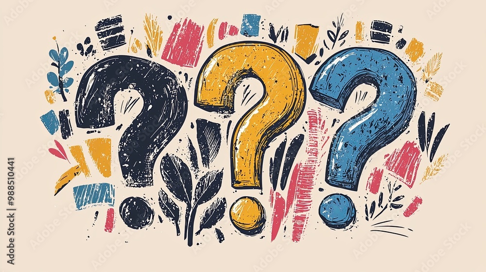 Obraz premium A visually engaging image featuring three large, textured question marks in varying colors, surrounded by abstract, painted shapes and elements in the background.
