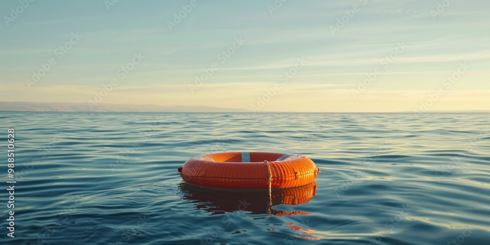 An orange life preserver floating on calm ocean water. An orange life preserver floating on calm ocean water.