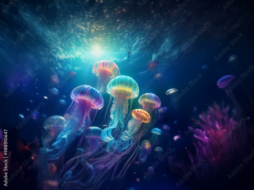 Fototapeta premium Colorful jellyfish drift through a dark blue ocean, glowing with bioluminescent light.