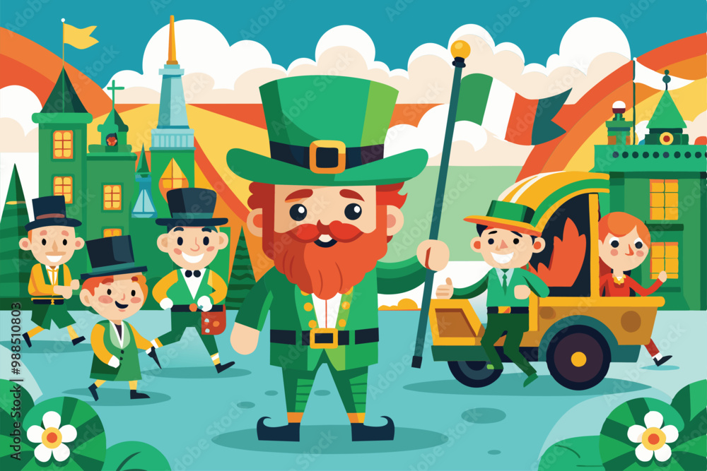 Festive characters dressed in green celebrate St. Patrick's Day, marching joyfully in a vibrant parade filled with colorful decorations. Festive characters dressed in green celebrate St. Patrick's Day, marching joyfully in a vibrant parade filled with colorful decorations.