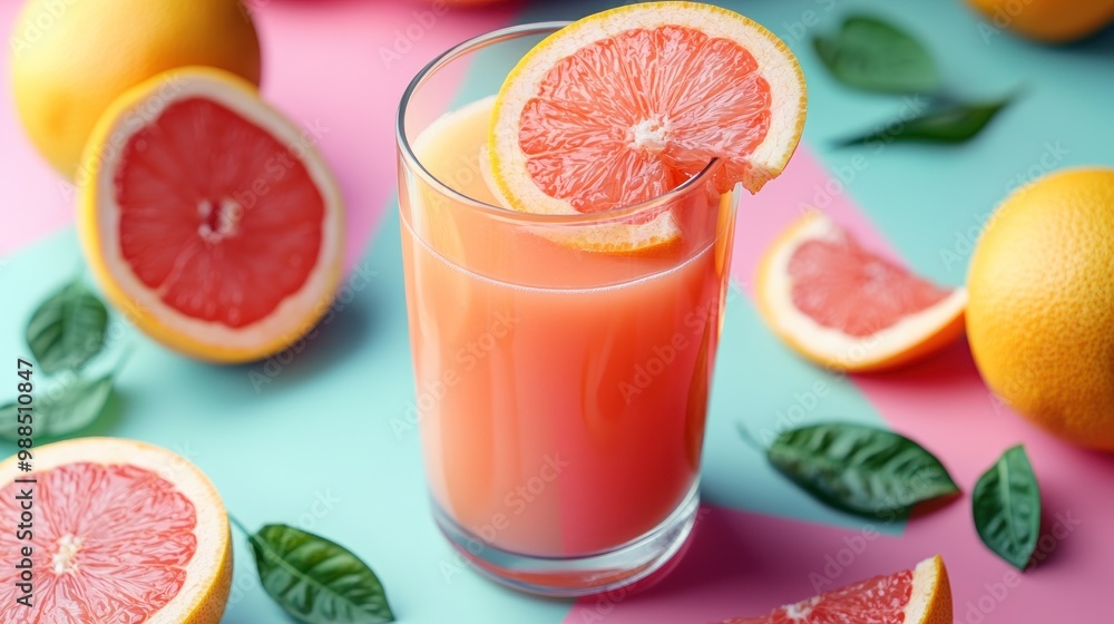A glass of fresh grapefruit juice with grapefruit slices and leaves on a colorful background. A glass of fresh grapefruit juice with grapefruit slices and leaves on a colorful background.